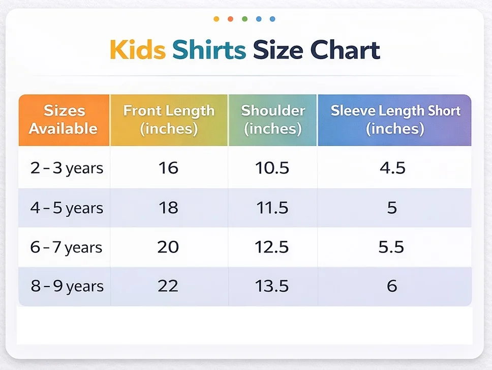 Kids Shorts Size Chart