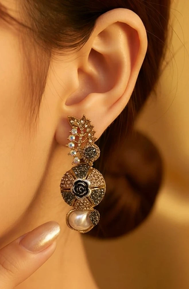 Elegant Rose & Pearl Statement Earrings – pro#1, rs.1200 (2nd pic).webp