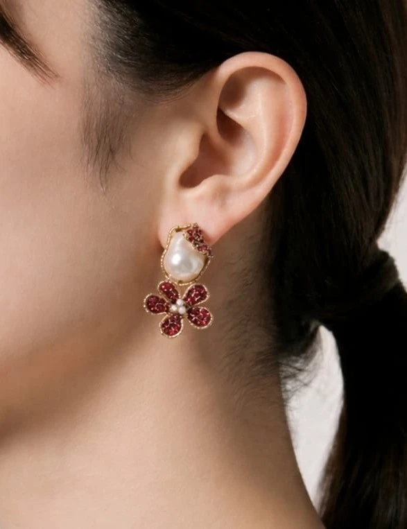 Ruby Flower & Pearl Drop Earrings – pro#11, rs.750 (2nd pic).webp