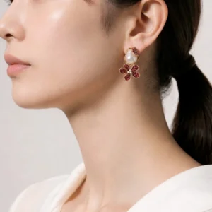 Ruby Flower & Pearl Drop Earrings - pro#11, rs.750.webp