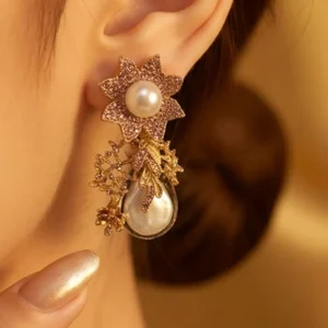 Golden Starburst Floral Pearl Earrings - pro12, rs.1550 (2nd pic).webp