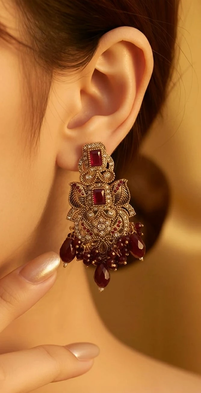 Traditional Ruby Bead Statement Earrings – pro#13, rs.1100 (2nd pic).webp