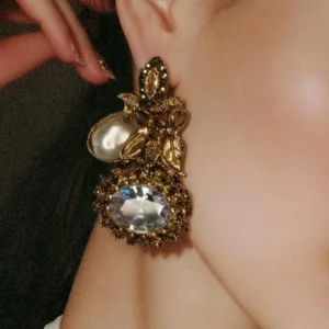 Golden Leaf Crystal & Pearl Drop Earrings - pro#7, rs.1100 (2nd pic).webp