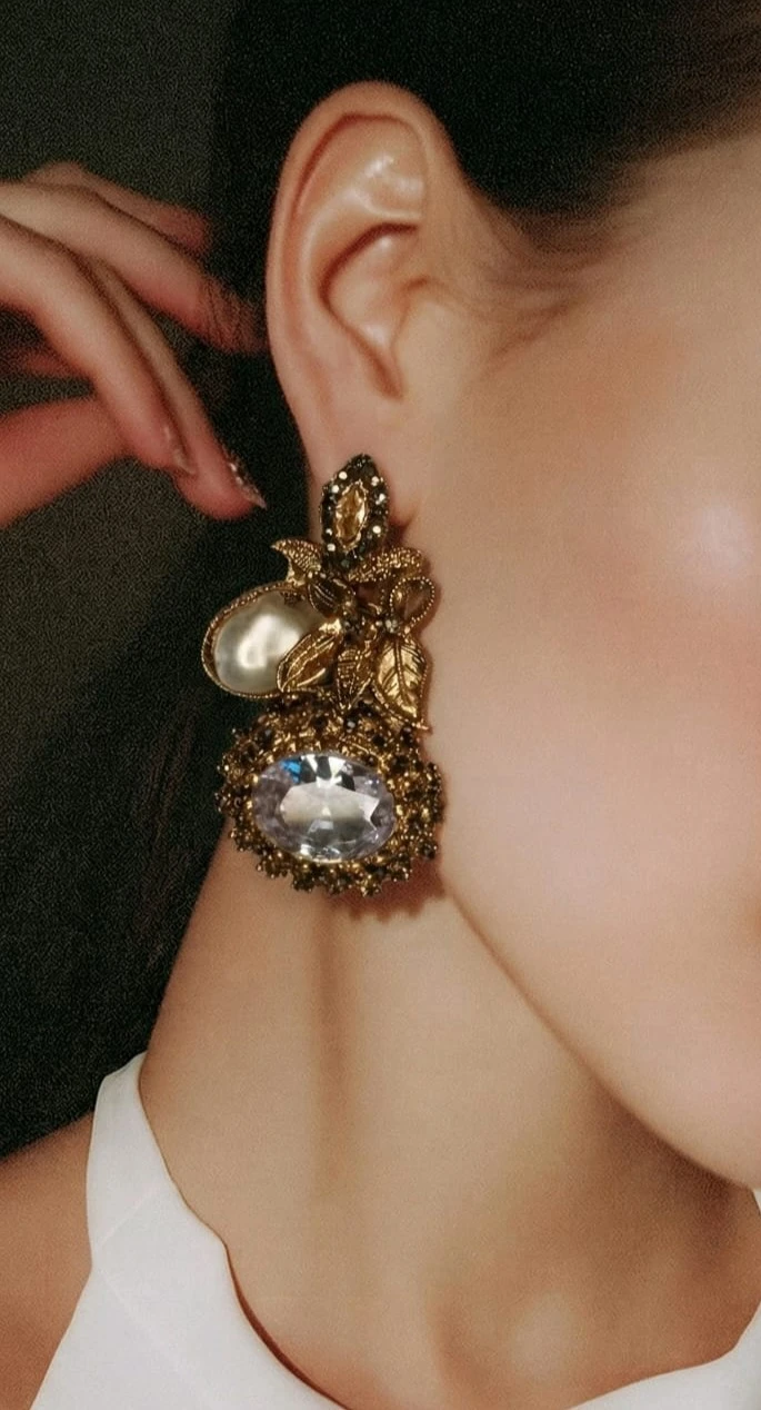 Golden Leaf Crystal & Pearl Drop Earrings – pro#7, rs.1100 (2nd pic).webp