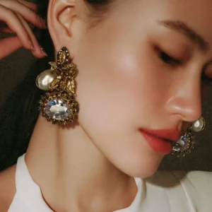 Golden Leaf Crystal & Pearl Drop Earrings - pro#7, rs.1100.webp