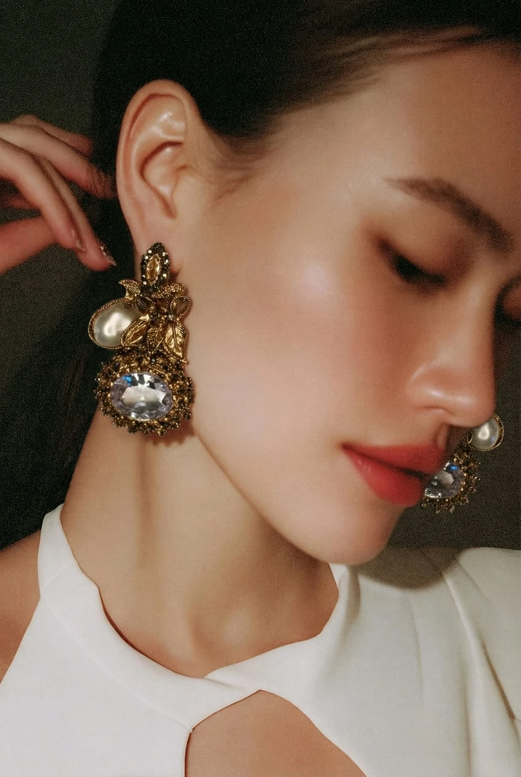 Golden Leaf Crystal & Pearl Drop Earrings – pro#7, rs.1100.webp